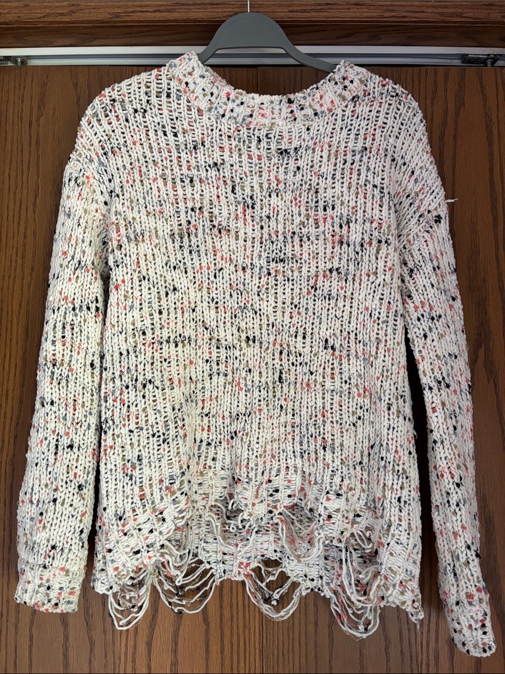 Distressed Speckled Open-Knit Sweater - White with Multi Speckle